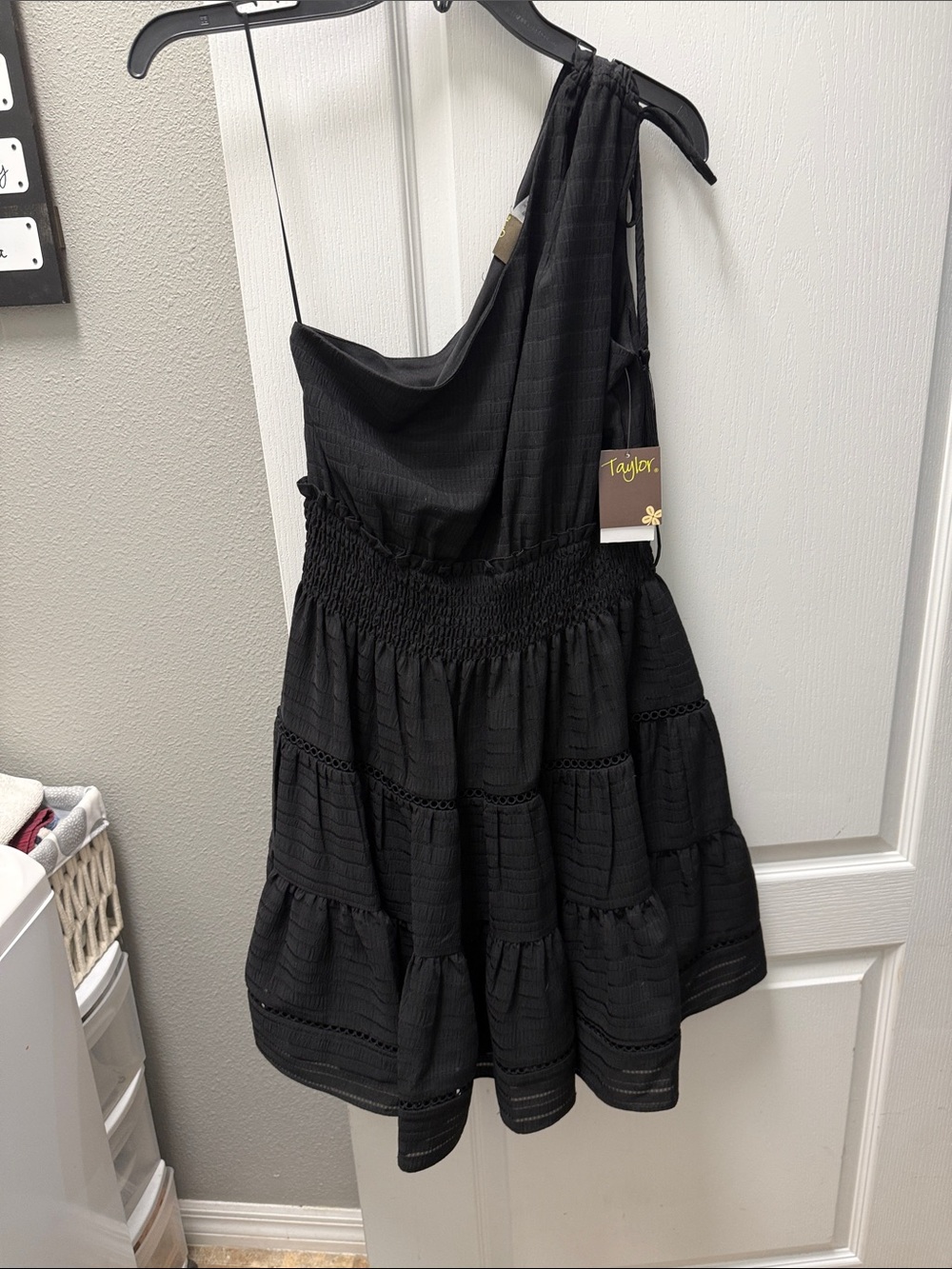 Taylor Black One-Shoulder Tiered Dress